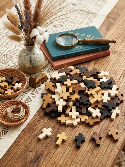 50pcs Small Natural Wooden Cross Charms Wood Cross Bead Charms Mini Pocket Crosses Beads Tiny Jewelry Making Crosses Vintage Wood Craft Charm For DIY Earrings Bracelets