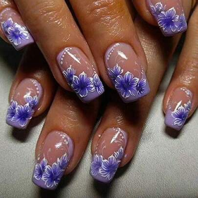 24pcs Short European Square French False Nails, Fashionable And Romantic Violet French Floral Design Wearable Nail Tips, Suitable For Parties, Dances, And Daily Wear