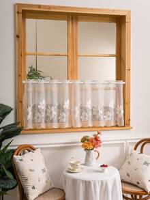 1pc French Pastoral Floral Embroidered Curtain, Cafe Curtain, Room Divider - Beige - View 5
