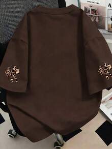 豹紋蝴蝶結裝飾圓領女款休閒T恤，大尺碼女款夏季時尚短袖，適合夏季度假、海灘、假期、春季、情人節、嘉年華、母親節禮物 - 咖啡棕 - 查看 3
