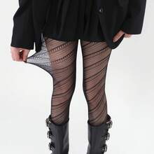 Quần tất lưới họa tiết sọc chéo lượn sóng phong cách Gothic Y2K dành cho nữ, quần tất lưới khoét lỗ màu đen gợi cảm, tất co giãn họa tiết hình học cho phong cách đường phố Punk, câu lạc bộ, tiệc tùng, Halloween, cosplay. - Nhiều màu - Xem 5