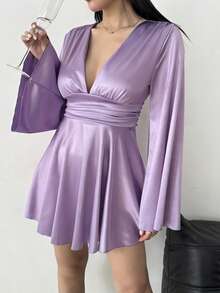Elegant V-Neck Backless Long Sleeve Ruffle Twist Bodycon Mini Dress, Versatile & Slimming Party - Mauve Purple - View 3