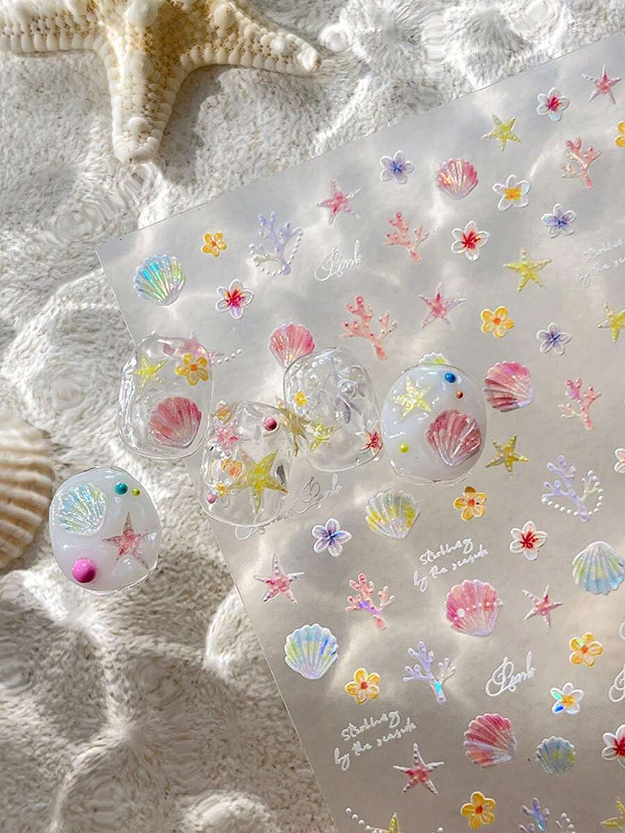 贝壳、海星、海贝美甲贴纸、3D海螺、极光五角星、海洋系列美甲贴花 - 彩色 - 查看 1