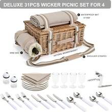 31Pcs Picnic Basket Set 4 With Insulated Liner And Waterproof Blanket Wine Pouch, Large Wicker Picnic Hamper Camping,Outdoor,Valentine Birthday Couples - Natural for 4 People - View 5