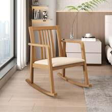 Rocking Chair With Cushioned Seat, Slatted Back & Curved Armrests For Living Room - Tự nhiên - Xem 4