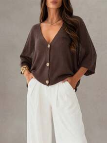Women's New V-Neck Hollow Semi-Sheer Raglan Short Sleeve Button Loose Knit Cardigan, Casual Fashionable Basic Lightweight Batwing Sleeve Knit Top, Spring/Summer/Autumn - Coffee Brown 22 - View 2