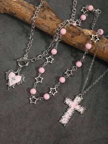 3件套复古哥特风荆棘玫瑰十字流星串珠多层项链套装，包含复古五角星吊坠颈链，女士款 - 粉色 - 查看 2