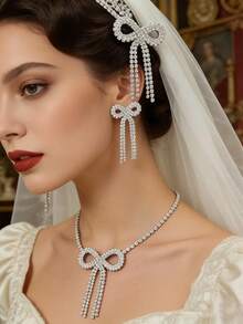 Bộ 2 món trang sức nơ tua rua đính đá màu bạc, thiết kế rỗng tinh tế - Trang sức nơ đa năng cho đám cưới/tiệc tùng. - Bạc - Xem 4