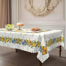 1pc Spring/Summer Lemon Floral Tablecloth, Spring Printed Tablecloth, Yellow Theme Design, Pastoral Style, Polyester Round/Rectangular Tablecloth, Spring Decor, Indoor/Outdoor Dining Table Decor, Ideal For Wedding And Holiday Home Decoration - Multicolor - View 3