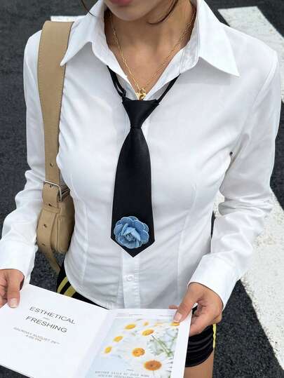 1件女士时尚可爱3D立体花卉装饰细领带，适合派对、日常穿着、户外、街头风格