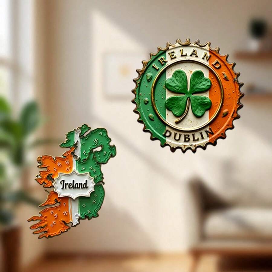 Một cặp nam châm trang trí lấy cảm hứng từ Ireland, thuộc bộ sưu tập Ireland, với hình bản đồ Đảo Ngọc lục bảo, mũ quán rượu, cỏ ba lá và bia đen – lời chúc phúc Celtic dành cho tủ lạnh của bạn. - Nắp chai bia Dublin - Xem 1