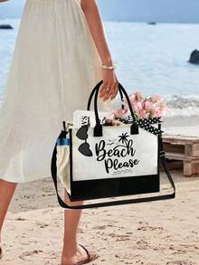 黑白拼接沙滩手提袋套装，印有“Beach Please”字样、海星图案，热带夏季设计，大容量手提包，可重复使用沙滩购物袋，适合婚礼、生日、节日等场合，是送给女性、母亲、教师、朋友、伴娘、学生的完美礼物，也是春夏季节、母亲节、返校季、生日的理想之选。 - 彩色 - 查看 4