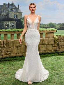 Vestido de novia elegante y ajustado de unicolor con encaje de espina de pescado, primavera - Blanco - Ver 4