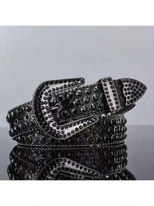 A Men's Multicolor Punk Y2K Denim Rock Laser Rhinestone-Embedded Belt, Suitable For Daily Wear - Silver - View 4
