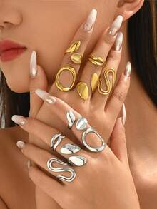 5pcs Geometric Thick Line Open Ring Set, Stainless Steel Minimalist Plain Rings, Waterproof & Fade-Resistant Daily Wear Jewelry For Women - Geometry - View 2