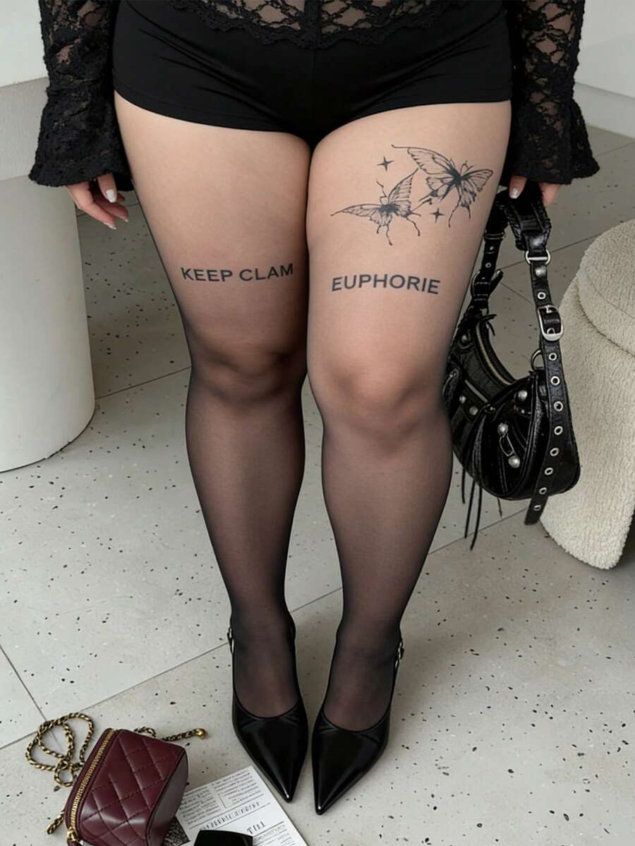 1双Y2K风格大码字母蝴蝶结印花不透明连裤袜，时尚性感，适合女性日常通勤、约会、派对和其他场合。 - 彩色 - 查看 1