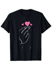 Vintage Herren T-Shirt mit kurzen Ärmeln und rosa Herz-Handabdruck in Schwarz – weiches, atmungsaktives, lässiges Rundhals-Shirt für Alltag, Valentinstag & Sommer - Schwarz - Übersicht 1