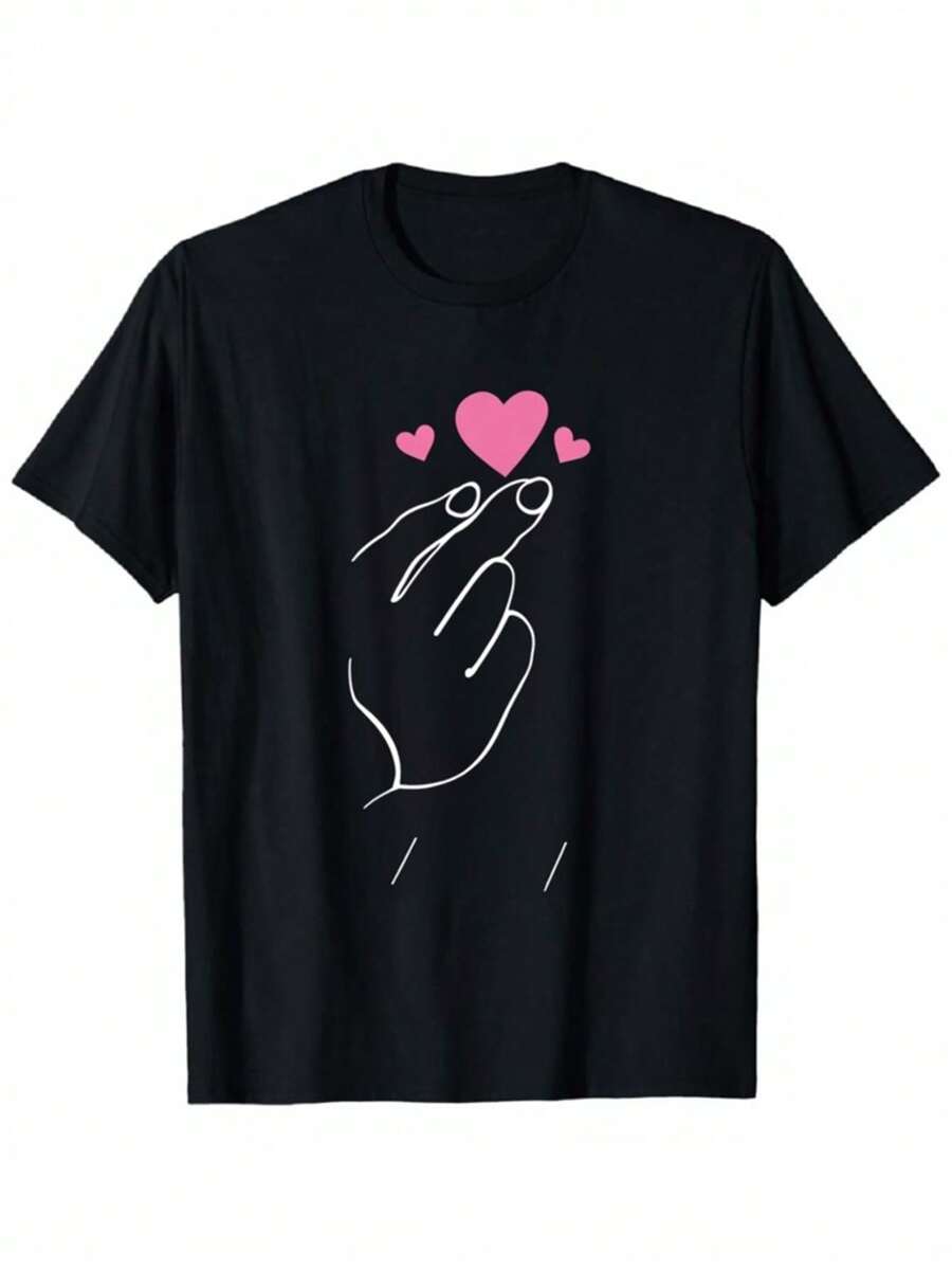 Vintage Herren T-Shirt mit kurzen Ärmeln und rosa Herz-Handabdruck in Schwarz – weiches, atmungsaktives, lässiges Rundhals-Shirt für Alltag, Valentinstag & Sommer - Schwarz - Übersicht 1