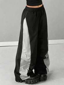 1 pièce Pantalon droit minimaliste, polyvalent, élégant, mode, décontracté, confortable et respirant, convenant pour le port quotidien, l'entraînement, l'extérieur, la course, le blocs de couleurs, Halloween, printemps/été/automne, pour filles et adolescentes - Noir - Voir 1