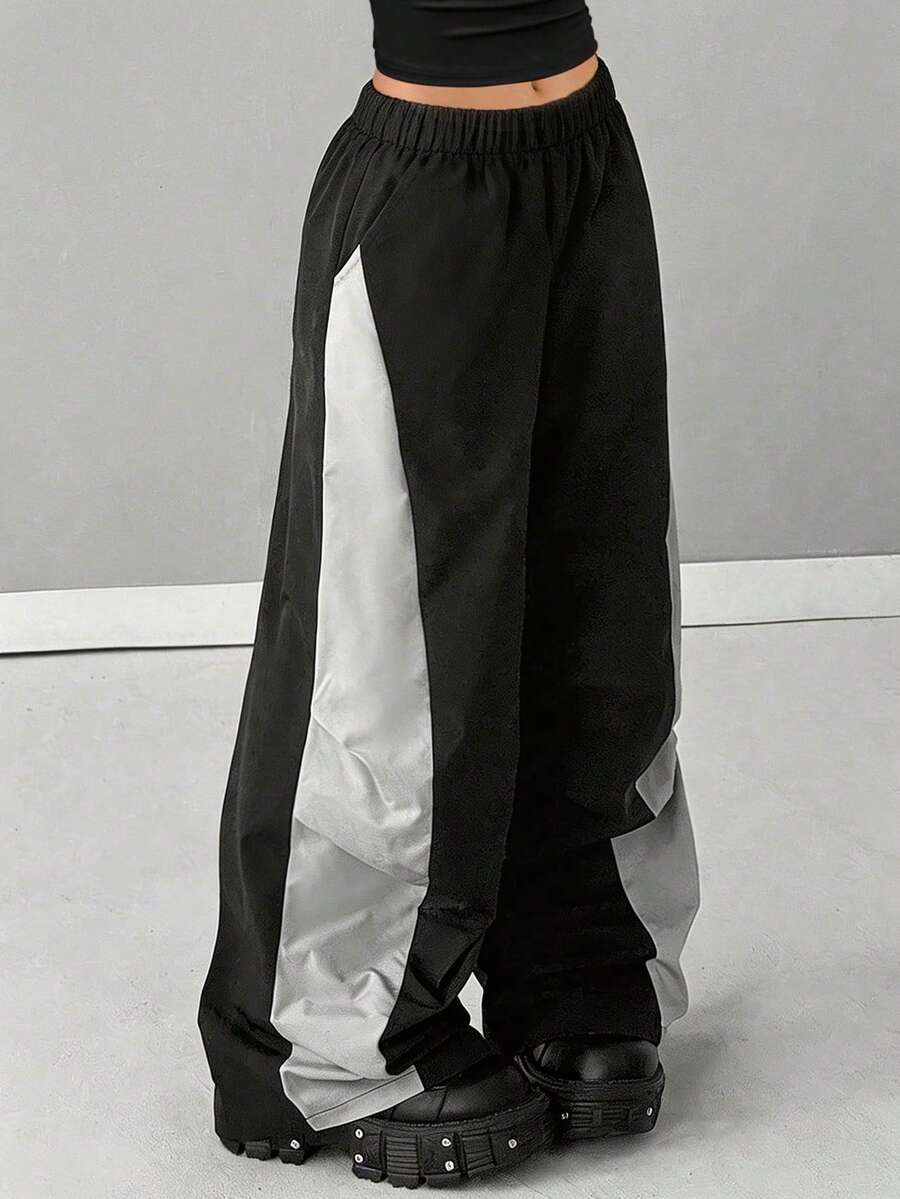 1 pièce Pantalon droit minimaliste, polyvalent, élégant, mode, décontracté, confortable et respirant, convenant pour le port quotidien, l'entraînement, l'extérieur, la course, le blocs de couleurs, Halloween, printemps/été/automne, pour filles et adolescentes - Noir - Voir 1