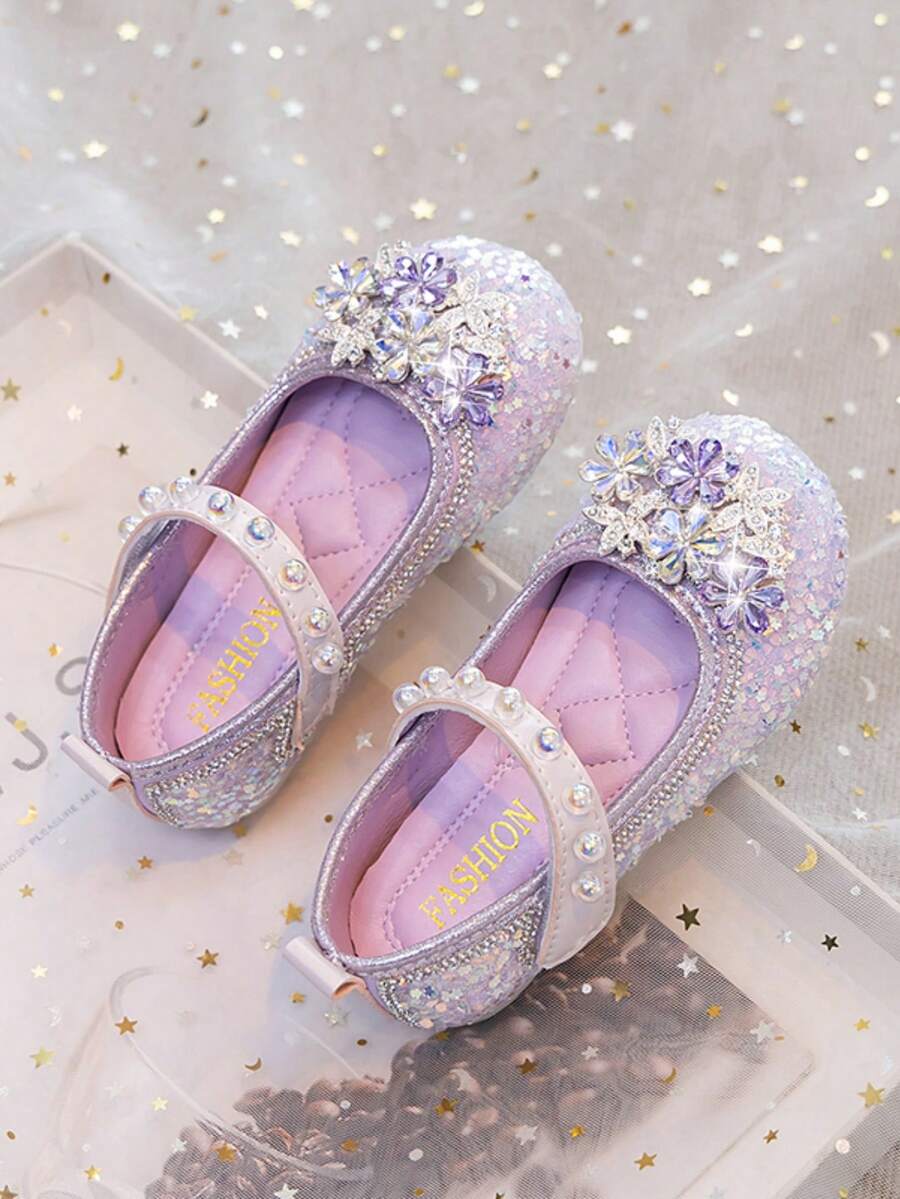 1 Pair Girls' Sequin & Rhinestone Mary Jane Shoes, Breathable Non-Slip Performance Dance Shoes - Mauve Purple - View 1