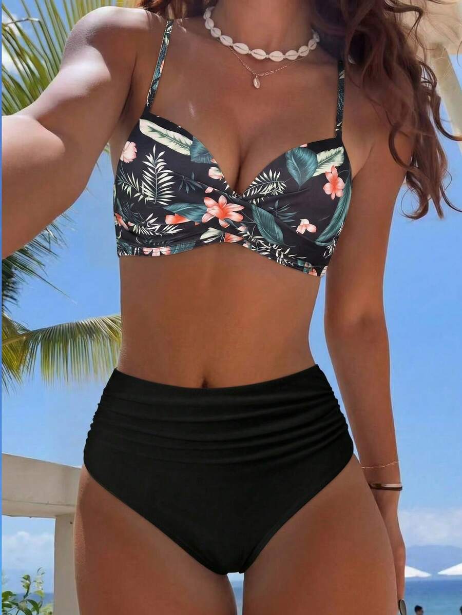 Women's Bohemian Style Floral Print Bikini Set, Ruched High Waist Swimwear, High Elasticity Fabric Vacation Beach Summer