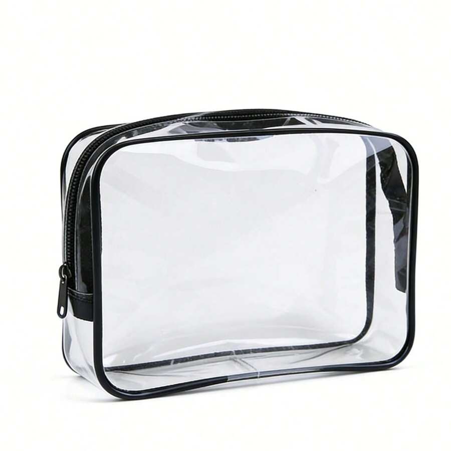 In Stock Transparent Zipper Cosmetic Bag, Waterproof Portable Unisex Makeup Pouch, Suitable For Travel, Business, Bathroom And More - Black - View 1