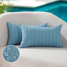 Outdoor Waterproof Throw Pillow Covers 12x20 Set Of 2 Decorative LFUmberss Outside Patio Furniture Cushion Cases Decor For Garden Bench Porch Couch Tent Chair Sunbrella Stripe Teal - 藍綠色 20吋 x 12吋(2個裝) - 查看 3