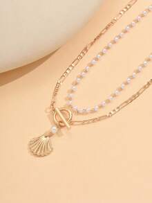 2pcs/Set Fashionable Faux Pearl Handmade Chain Necklace, Minimalist Alloy Shell Pendant Necklace For Women, Suitable For Daily Wear, Beach Party, Music Festival - Multicolor - View 3