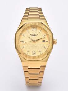 1pc Men's Automatic Mechanical Watch With Calendar, Steel Strap, Butterfly Buckle, Casual & Business - Gold - View 4