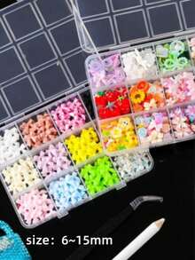 2 Boxes Colorful Resin Nail Art Decoration Set - 12 Compartments Mixed Hawaiian Flowers, Butterflies, Bears, Stars, Animals, Fruits Shapes, Includes Tweezers & Pen For Nail Art, Cup DIY Crafts - Multicolor - View 2