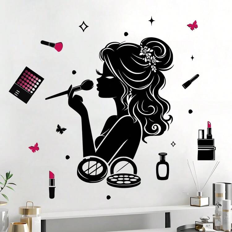 Black Elegant Makeup Girl Wall Sticker, Teenage Girl Room Decor, Makeup Shop, Nail Salon Wall Decal - A - View 2