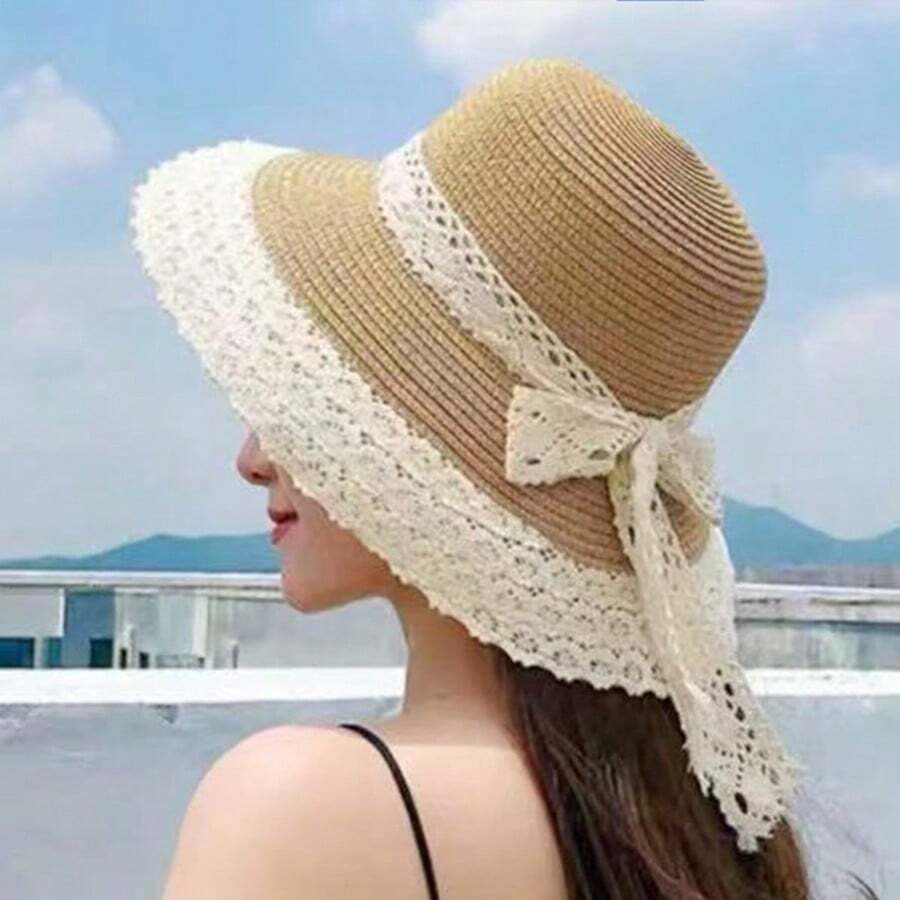 1顶女士草编遮阳帽，宽檐蝴蝶结沙滩帽，夏季防晒帽，优雅美观，适合度假旅行日常佩戴，修饰脸型，夏季必备单品 - 遮陽帽 - 查看 1