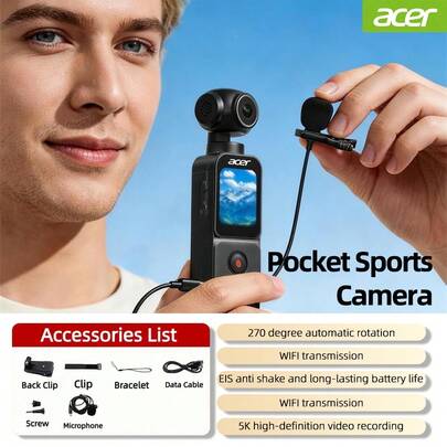 宏碁 S360，5K 高清便携式相机，Vlog 相机，270° 旋转广角镜头，支持外接麦克风和 TF 卡，适合初学者的手持摄像机，户外旅行，WiFi 个人录像机