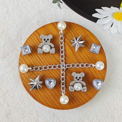 10pcs DIY Shoe Decoration Charms - Shiny Pearl Teddy Bears, Heart-Shaped Rhinestones, Faux Pearl Chains. Non-Metallic Lightweight Material, Y2K Fashion Versatile Cute Unisex Design. Suitable For EVA Sandals, Slippers, Detachable Shoe Decor, Holiday Gifts