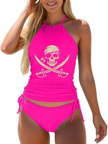 Women'S Tankini Swimwear Featuring A Pirate Skull And Crossbones Design, Perfect For Halloween And Rave Parties. This Elegant Bathing Suit Is Ideal For Beach Outings, Pool Gatherings, And Water, Showcasing A Cute Style, Durable Fabric - 玫瑰紅 - 查看 3