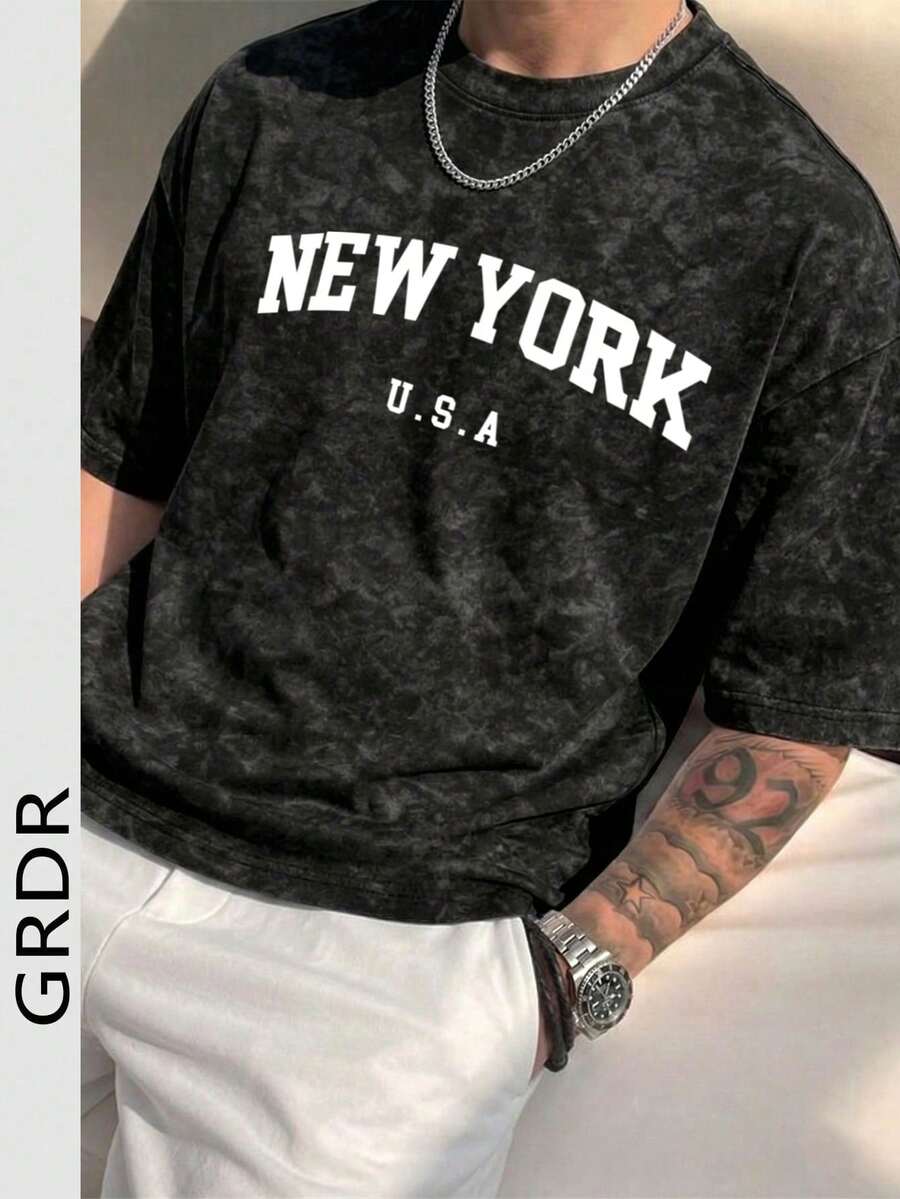 GRDR 男士休闲纽约图案印花圆领短袖T恤，舒适时尚 - 黑色 - 查看 1