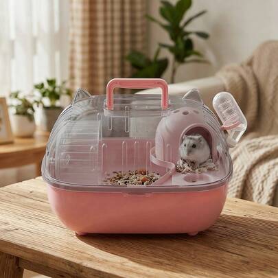 一套户外仓鼠笼，带喂食器和跑轮，超大仓鼠别墅，透明便携旅行笼，全景清晰视野，宽敞活动空间，便携式提手设计，适合仓鼠和其他小型啮齿动物