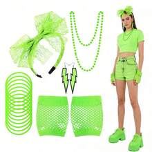 Set di accessori costume colori neon stile anni '80 per donna, inclusi: fascia per capelli con fiocco, orecchini pendenti a forma di fulmine, collana di perline, guanti a rete senza dita e bracciale, decorazione e regalo per Ognissanti, regalo per feste di Ognissanti - multicolore - Visualizzare 2