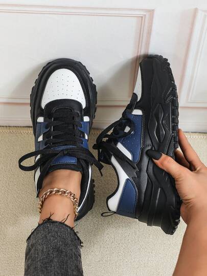 Women's Casual Sneakers, Platform Thick Bottom Shoes, White, Black And Blue Color Block Fashion Shoes, Retro European And American Style Thick Sole Chunky Sneakers, Unisex Plus Size Couple Shoes