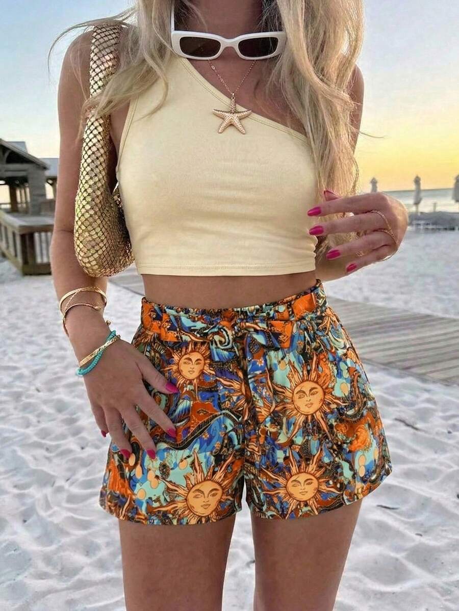 Women's Tropical Sun Print 2-Piece Set - Beige, One Shoulder Crop Top, Printed Belted Shorts Summer - Multicolor - View 1