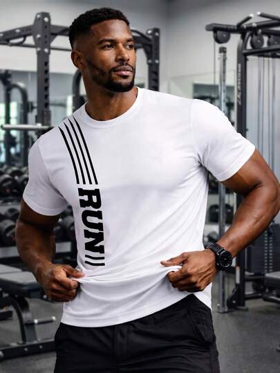 竖条纹“RUN”印花T恤，男士休闲修身短袖，美式运动健身款