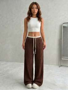 High Waist Contrast Color-Block Wide Leg Pants - Textured Drawstring Casual Trousers - Brown - View 4