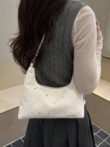 Nueva llegada Bolso de tela con estampado de estrella minimalista y elegante, cadena de metal, cierre con cremallera, capacidad pequeña y ligero, bolso de hombro casual para ir y venir - Blanco - Ver 3