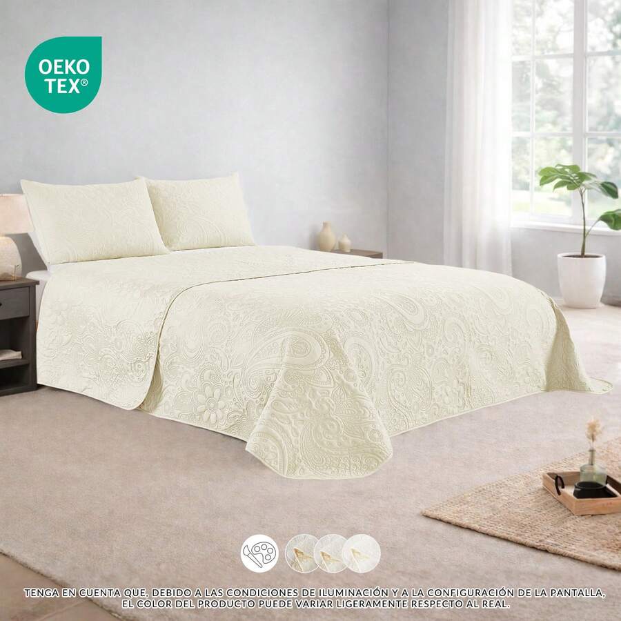 Quilted Plain Bouti Bedspread Set With Embossed Pattern | 4 Colors And 5 Sizes Available - 90/105/135/150/180cm - | Easy Care | Free Shipping - Màu trắng kem - Xem 1