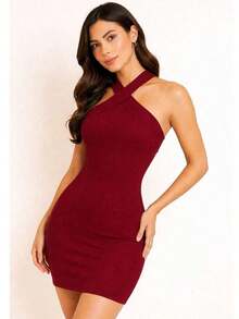 Short Dress With Crossed Straps – Fitted, Sexy, And Elegant For Parties - 紅木色 - 查看 2