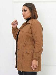 Plus Size Winter Overcoat In Bengaline Fabric With Drawstring, Zipper, And Button Closure. This Winter Parka Coat/Blouse Is Perfect For Sizes G1, G2, And G3. - Mocha Brown - View 4
