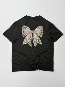 Women Loose Leopard Print Bow Decor T-Shirt - Black - View 2