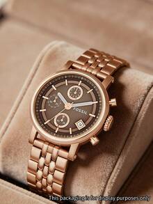 Fossil 女士“男友风”计时腕表，棕色表盘，玫瑰金不锈钢表带 (ES3494) - 棕色 - 查看 2