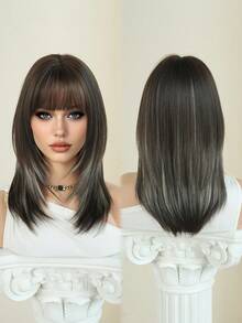 7JHH WIGS 摩卡棕色分层假发，女士款，18英寸优雅齐肩直发，带刘海，混合米色发丝，自然柔软，耐热蓬松，无胶合成纤维假发，适合日常佩戴，新手假发配件，母亲节礼物 - 挑染米色 - 查看 6